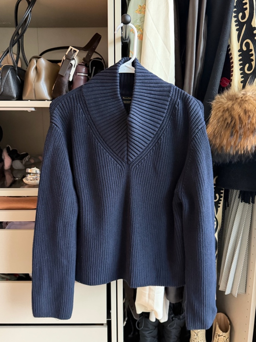 SOLD Massimo Dutti Navy Ribbed V‑Neck Shawl Collar Sweater